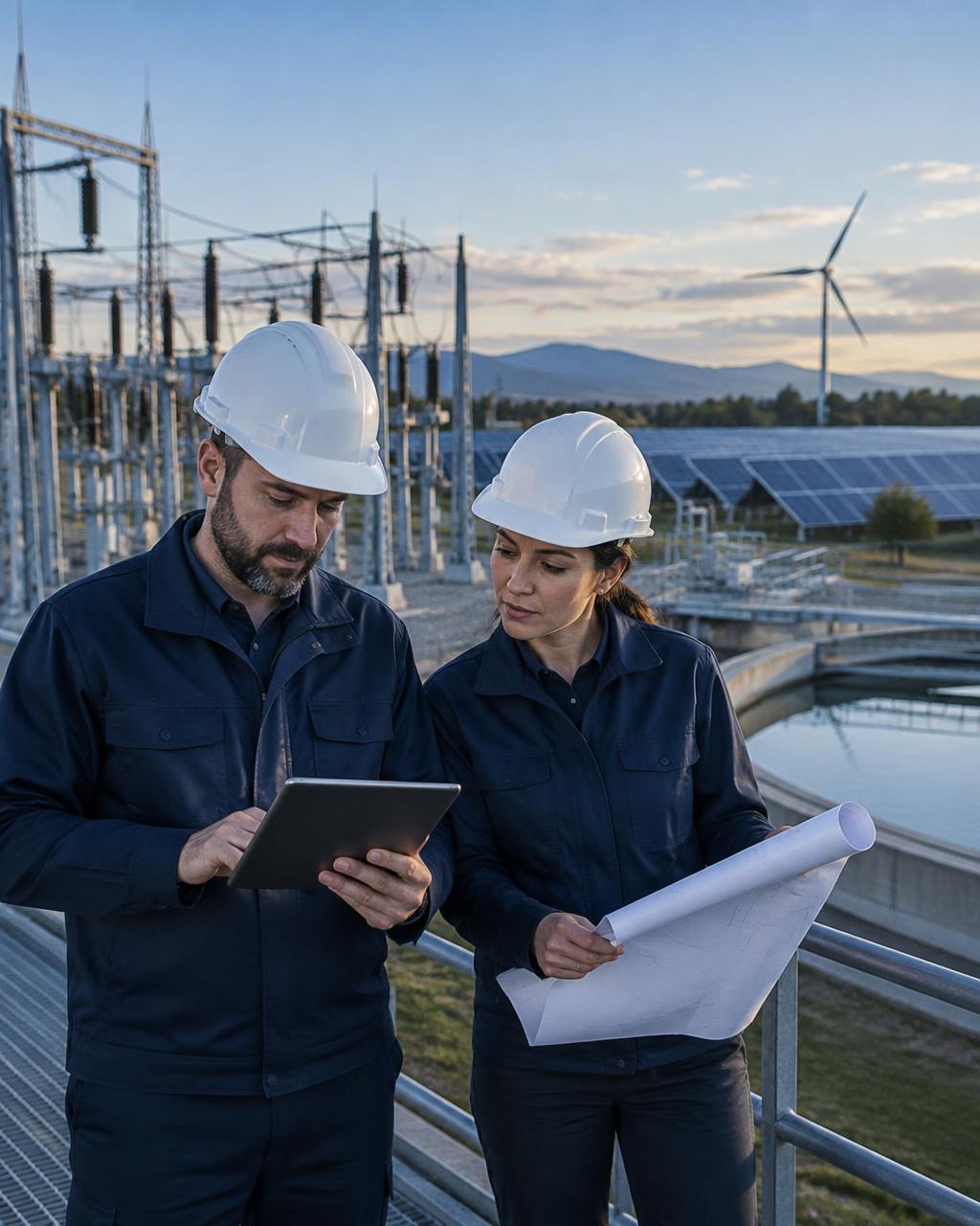 Combit engineers reviewing plans at a site combining renewable power, electrical infrastructure and water treatment