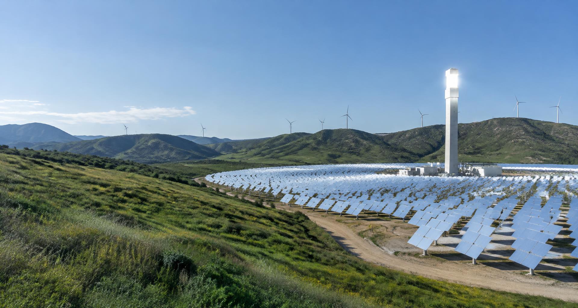 Solar thermal power infrastructure with heliostat mirrors and wind turbines