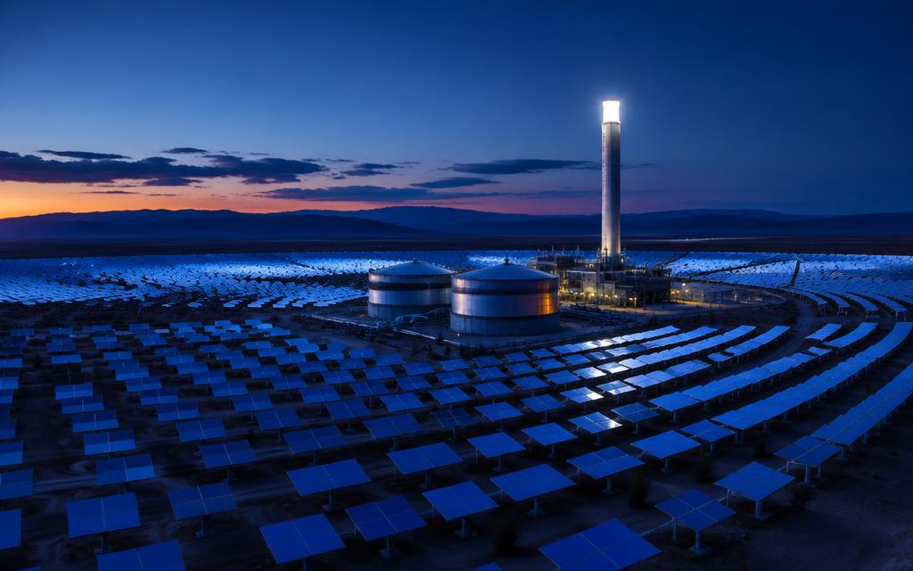 Concentrated solar energy for power plants, with power storage